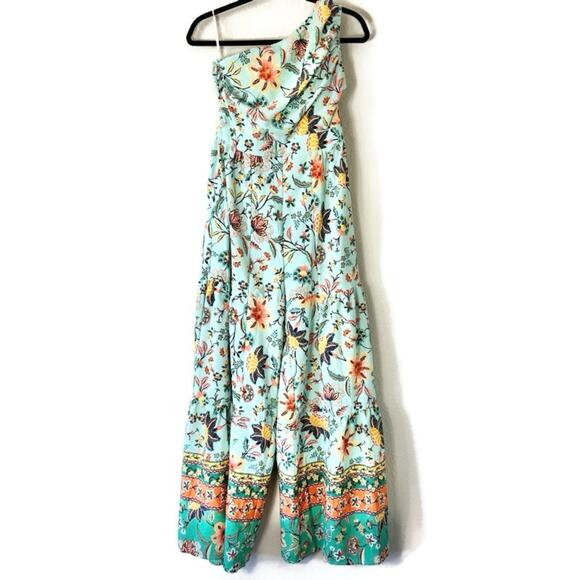 One Shoulder Turquoise floral Wide Leg Jumpsuit Size 6 Medium - Picture 3 of 8